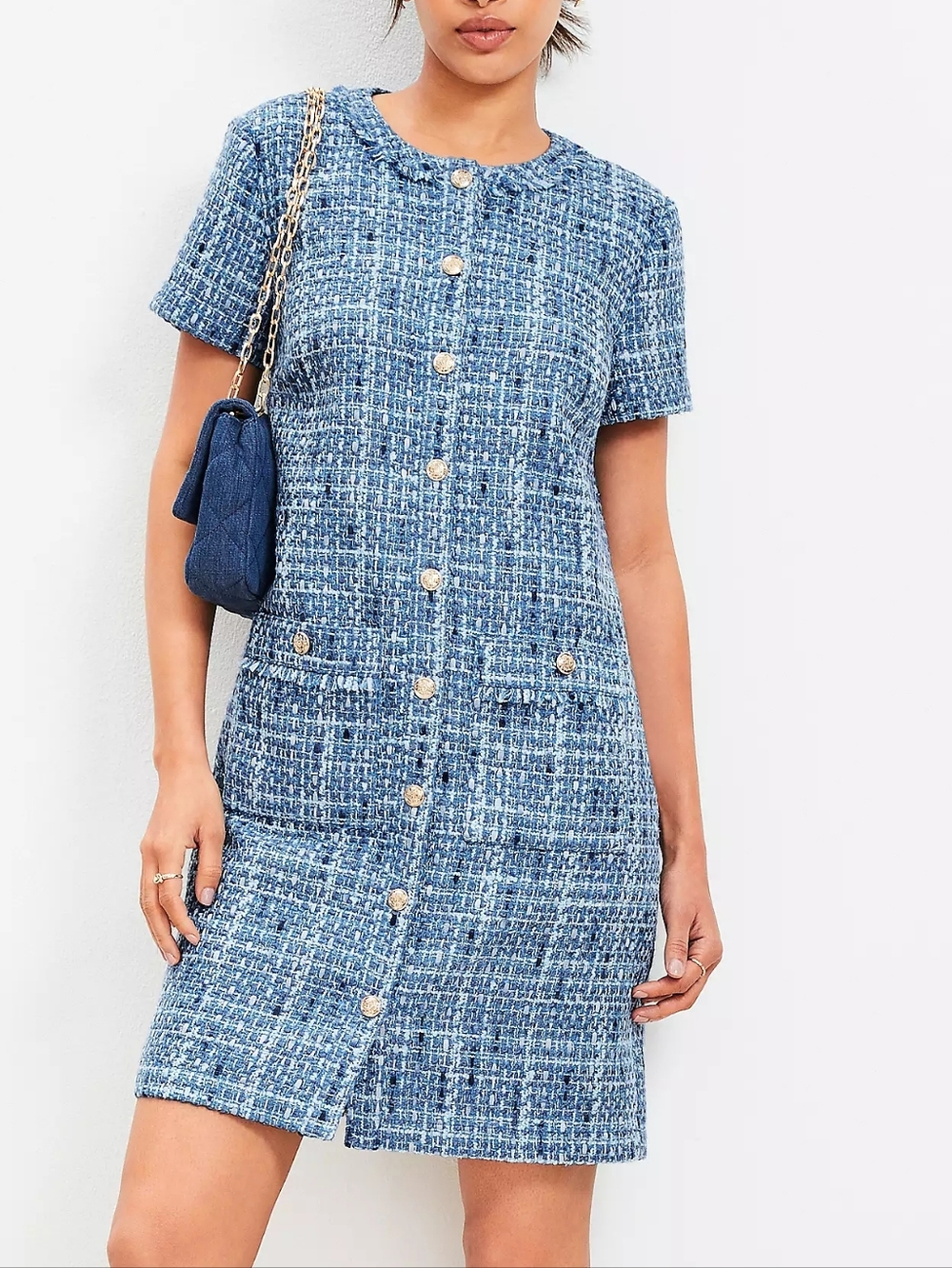 Loft Blue Tweed Mini Pocket Dress
